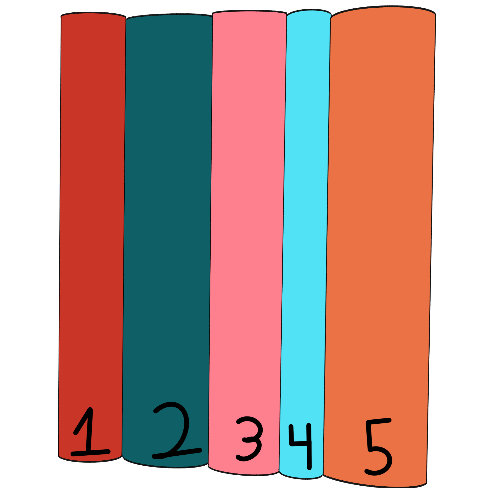 A group of five books stacked upright with just the spines visible. From left to right there is a thin red on with a 1 on the bottom of the spine, a thick dark teal one with a 2 on the bottom of the spine, a medium thick pink book with a 3 on it, a very thick sky blue book with a 4 on it, and finally a very thick orange book with a 5 on it